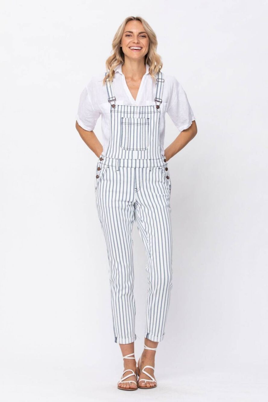 Judy Blue Railroad White Navy Stripe Overalls Jumpsuit Jumper Medium Utility